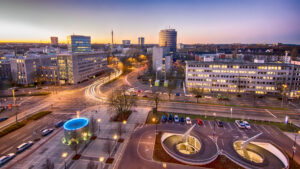 Das Bild zeigt den Ausblick aus dem Stadthaus in Dortmund Richtung Süden am Morgen.