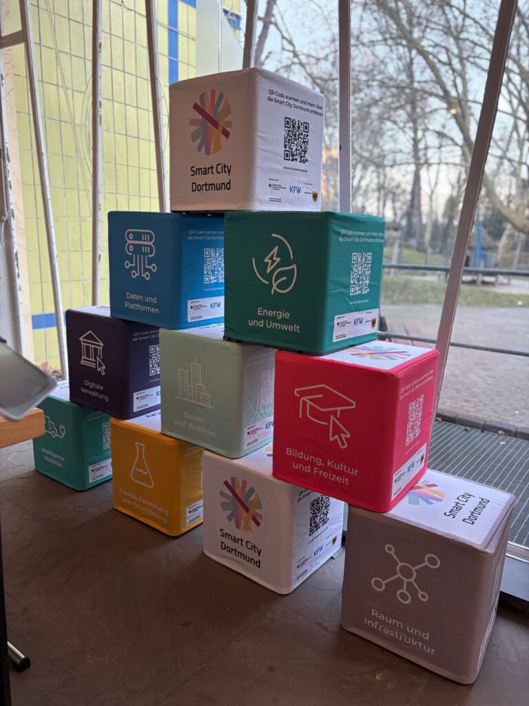 Das Bild zeigt eine Pyramide aus Smart City-Würfeln.